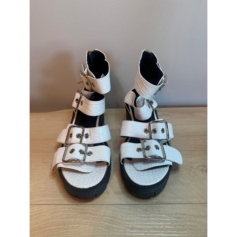 NEW Paper London White Croc Embossed Leather Platform Gladiator Buckle Sandal 39